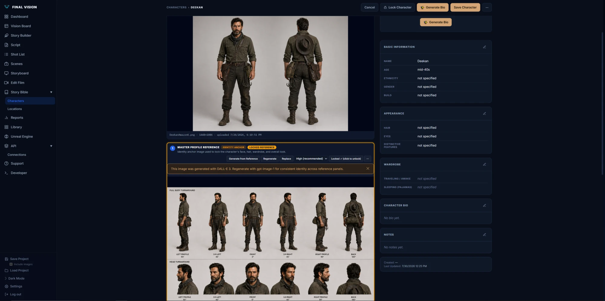 Final Vision character page for Deekan: locked master profile reference with full-body and head turnaround sheets from every angle