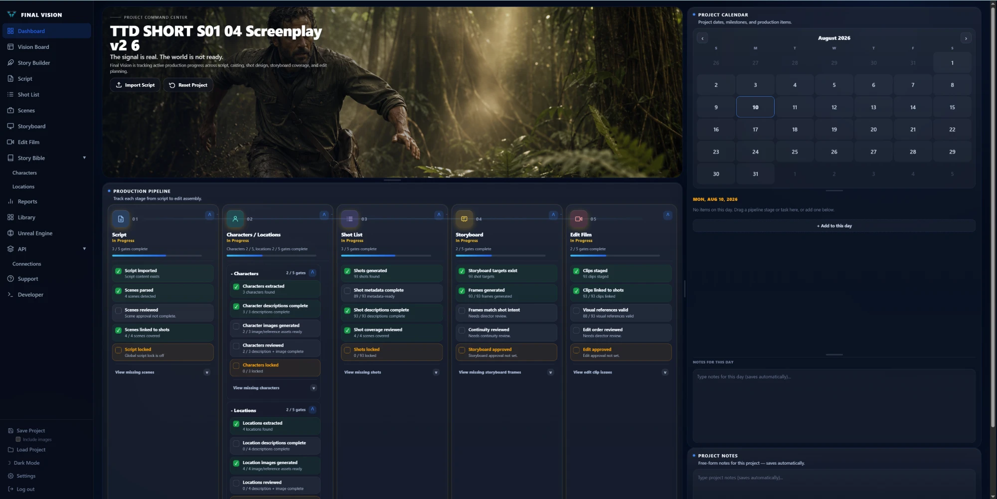 Final Vision Dashboard: production pipeline stages with completion gates, a project calendar, and notes