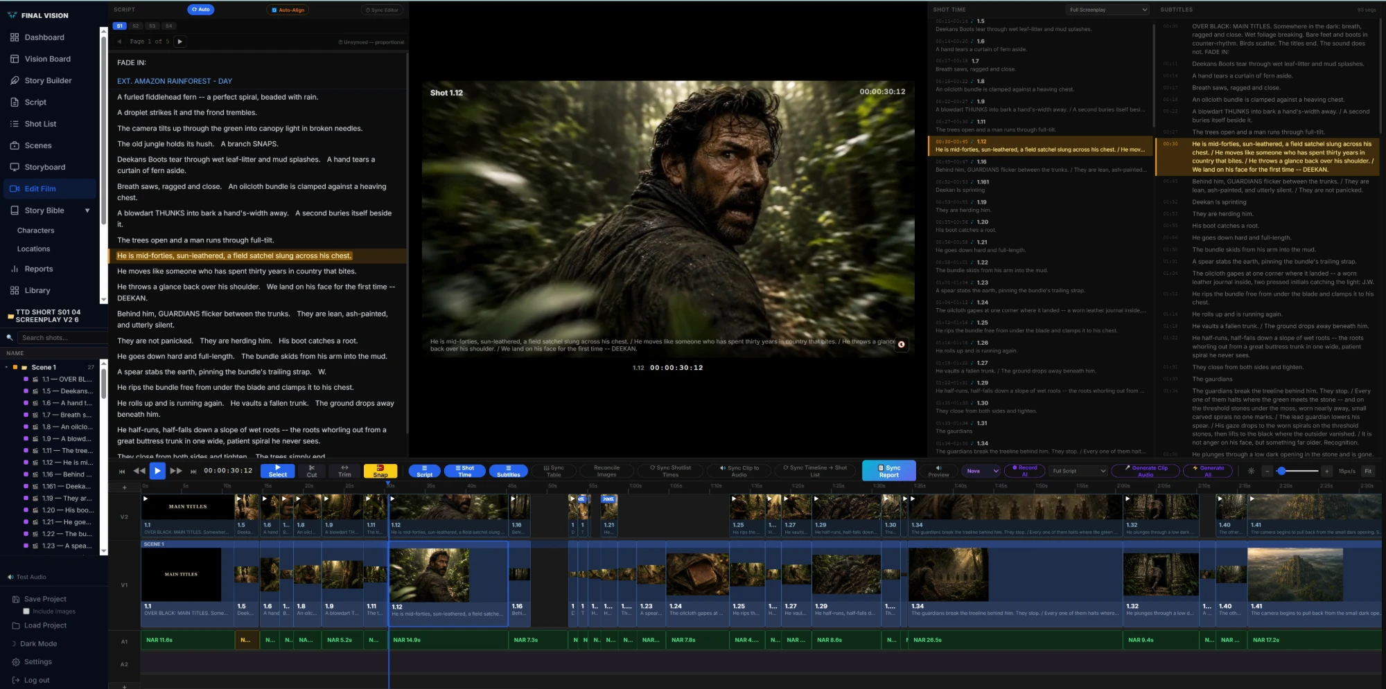Final Vision Edit Film: a timeline editor with video tracks, narration audio, a playing preview, and the screenplay synced alongside shot times and subtitles
