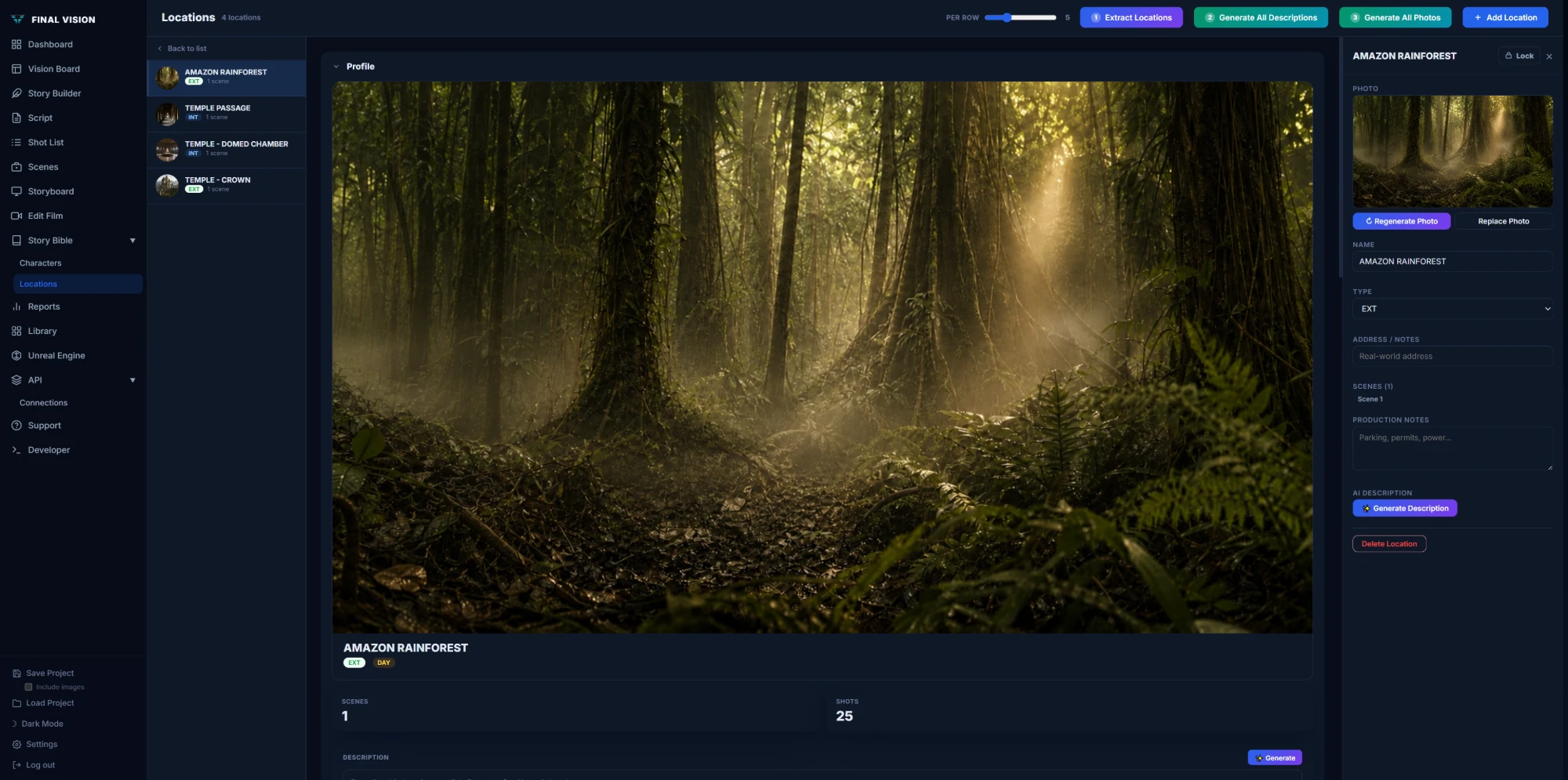 Final Vision Locations: an Amazon Rainforest location profile with photo, type, scenes, and AI description