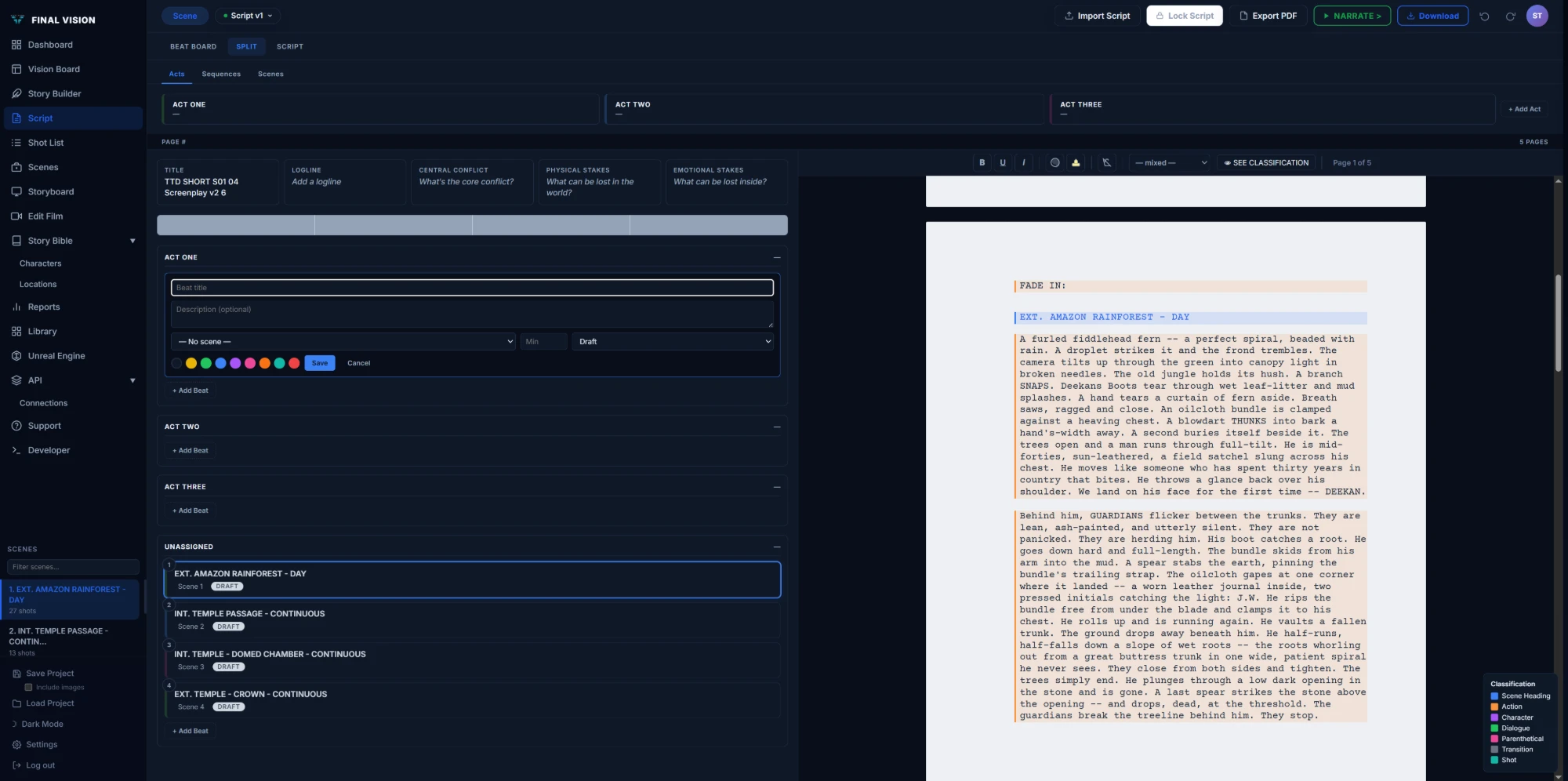 Final Vision Script editor: beat board with acts on the left, industry-formatted screenplay pages with element classification on the right