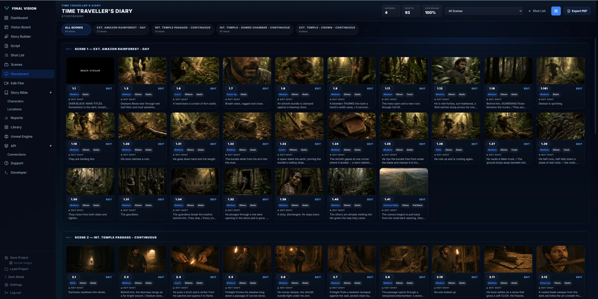 Final Vision Storyboard: a full grid of 93 storyboard frames across four scenes, with shot sizes, lenses, and camera moves — the same character in every frame