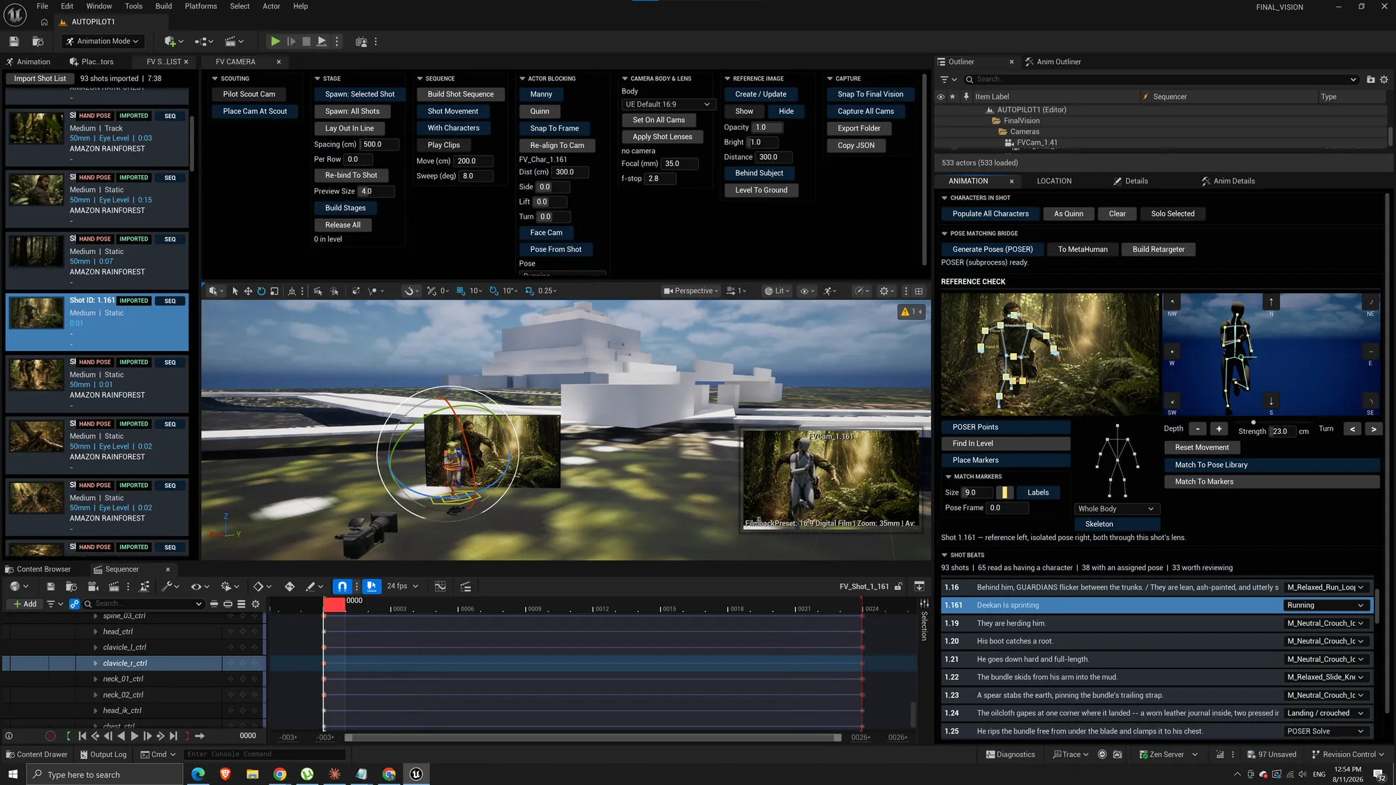 The Final Vision plugin running inside Unreal Engine: an imported 93-shot list, scouting and staging panels, a storyboard frame placed in the 3D scene as a reference plane, MetaHuman pose matching, and the shot built into Sequencer