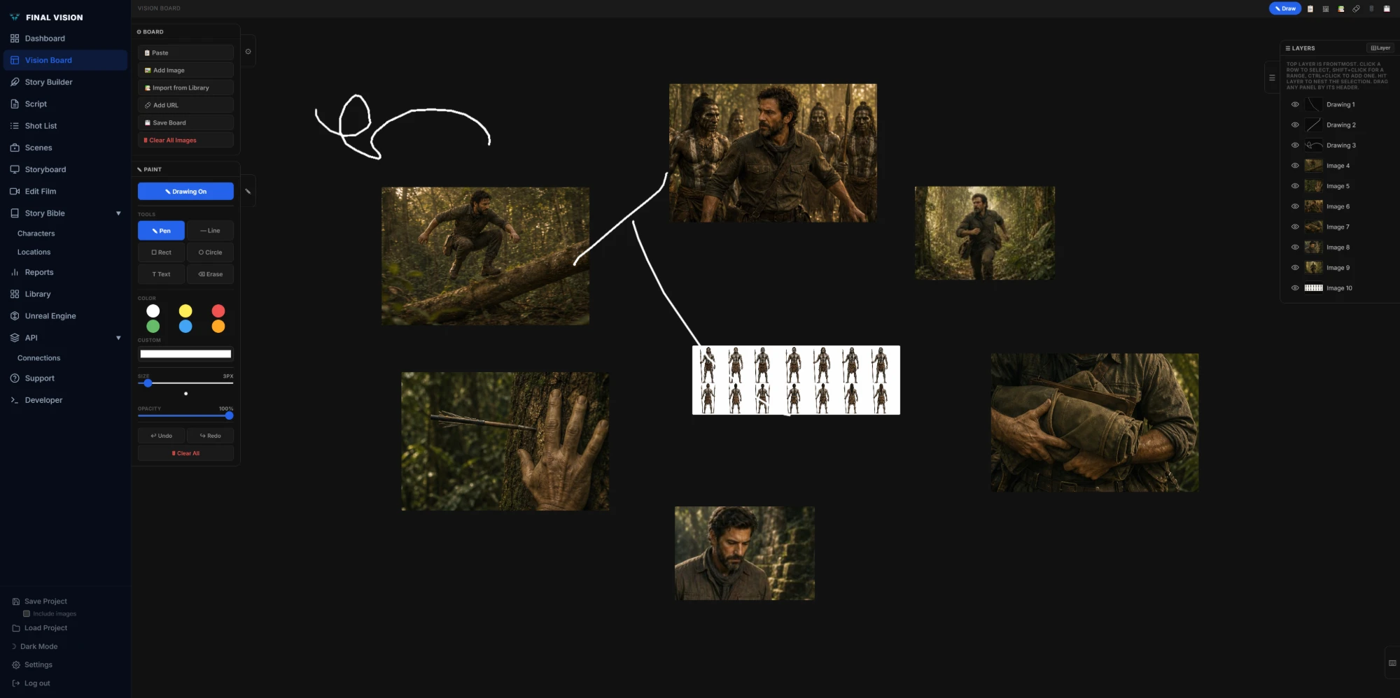 Final Vision Vision Board: a mood board with reference images, freehand drawing, and a Photoshop-style layers panel